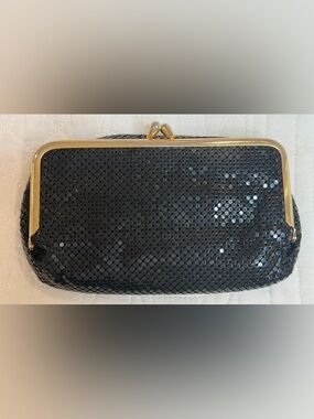 Vintage Whiting & Davis Black Mesh Evening Clutch Bag Purse Top Clasp Gold